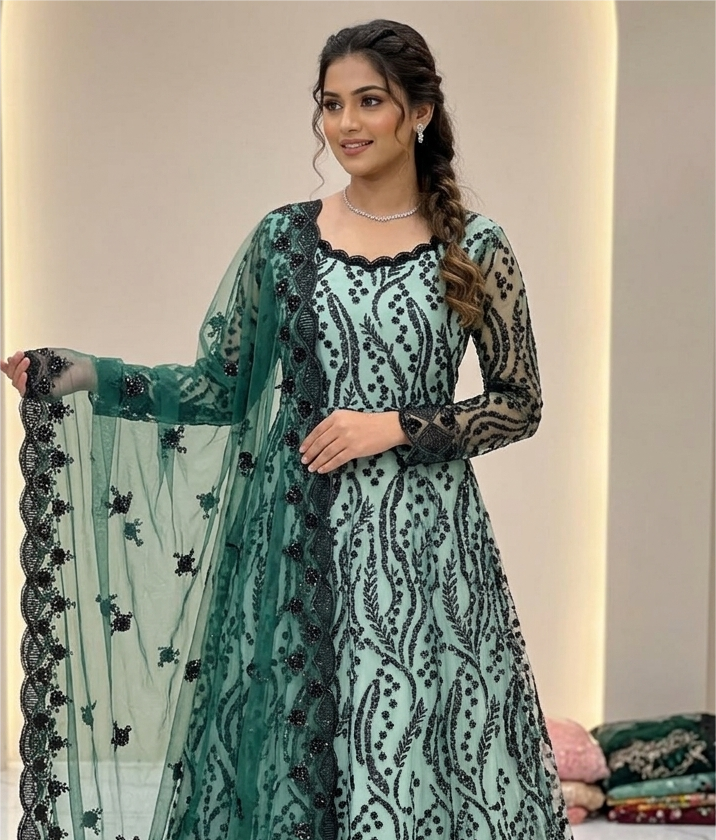 2 pc net kameez dopatta front back same